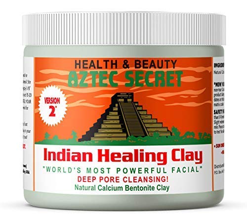 A jar of Aztec Secret Indian Healing Clay, a natural cosmetic product sourced from Death Valley, California, known for its ability to draw out impurities from the skin and hair for a deep cleanse, rejuvenation and healing of various skin and hair concerns such as acne, eczema and hair growth. It can be mixed with water, apple cider vinegar or honey to be used as a face mask, hair treatment or body detox. This clay is chemical-free and affordable, it is a popular choice for those looking for safe and effective natural ways to improve the appearance and health of their skin and hair