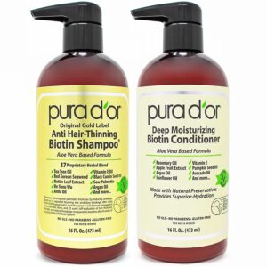 Pura D'or Anti-Thinning Biotin Shampoo and Conditioner set is designed to promote thicker, fuller hair growth. Infused with biotin, niacin, argan oil, and other natural ingredients, this formula helps to strengthen hair follicles, reduce hair loss and breakage, and improve overall hair health. The shampoo and conditioner work together to gently cleanse and nourish the scalp and hair, leaving it looking and feeling revitalized. Perfect for those with thinning hair, this set is safe for color-treated hair and is free from harsh sulfates, parabens, and gluten. Give your hair the nourishment it needs with Pura D'or Anti-Thinning Biotin Shampoo and Conditioner