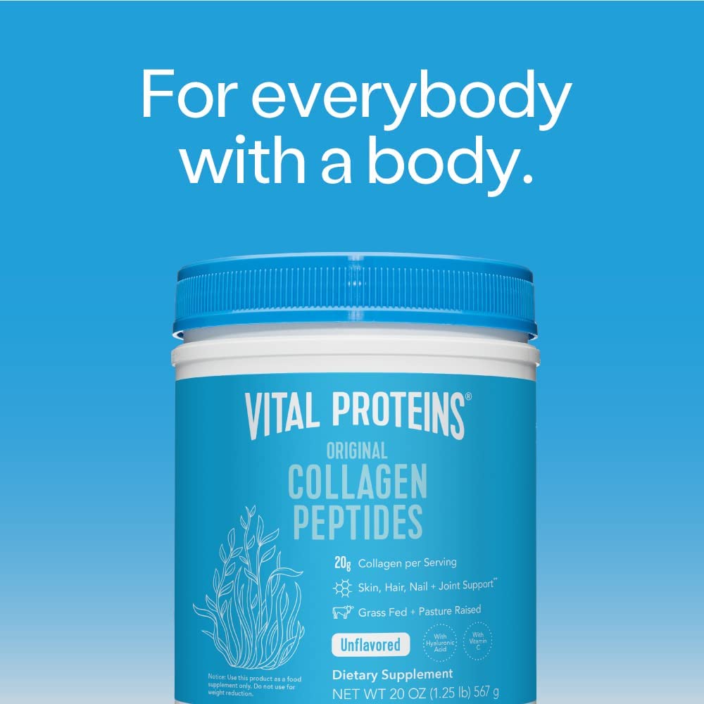 "A canister of Vital Proteins Collagen Peptides powder, a dietary supplement containing hydrolyzed collagen protein. The powder is white in color and has a label on the front with the brand name and a picture of a cow. The canister is held in front of a wooden spoon and a glass of water, suggesting the powder can be mixed into food or drinks."